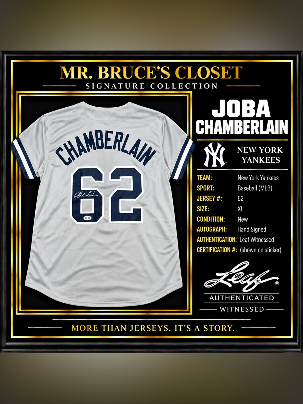Joba Chamberlain Signed Yankees #62 Jersey Leaf Witnessed Autograph XL New